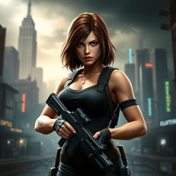 A strong and confident depiction of Jill Valentine from Resident Evil 3, showcasing her iconic look with her tactical attire