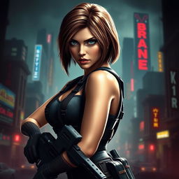 A strong and confident depiction of Jill Valentine from Resident Evil 3, showcasing her iconic look with her tactical attire