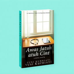 A novel cover for 'Awas Jatuh Cinta' by Yusi Kurniati, featuring a soothing turquoise color