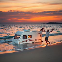 A captivating front cover design for an A5 book featuring a white caravan sinking slowly into the calm ocean at dusk