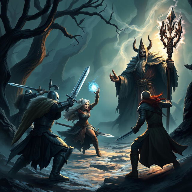 An epic battle scene between a party of adventurers and a Lich King in a dark, mystical forest