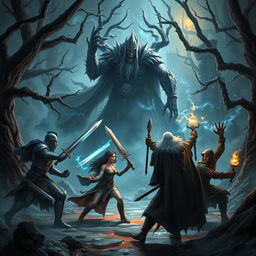 An epic battle scene between a party of adventurers and a Lich King in a dark, mystical forest