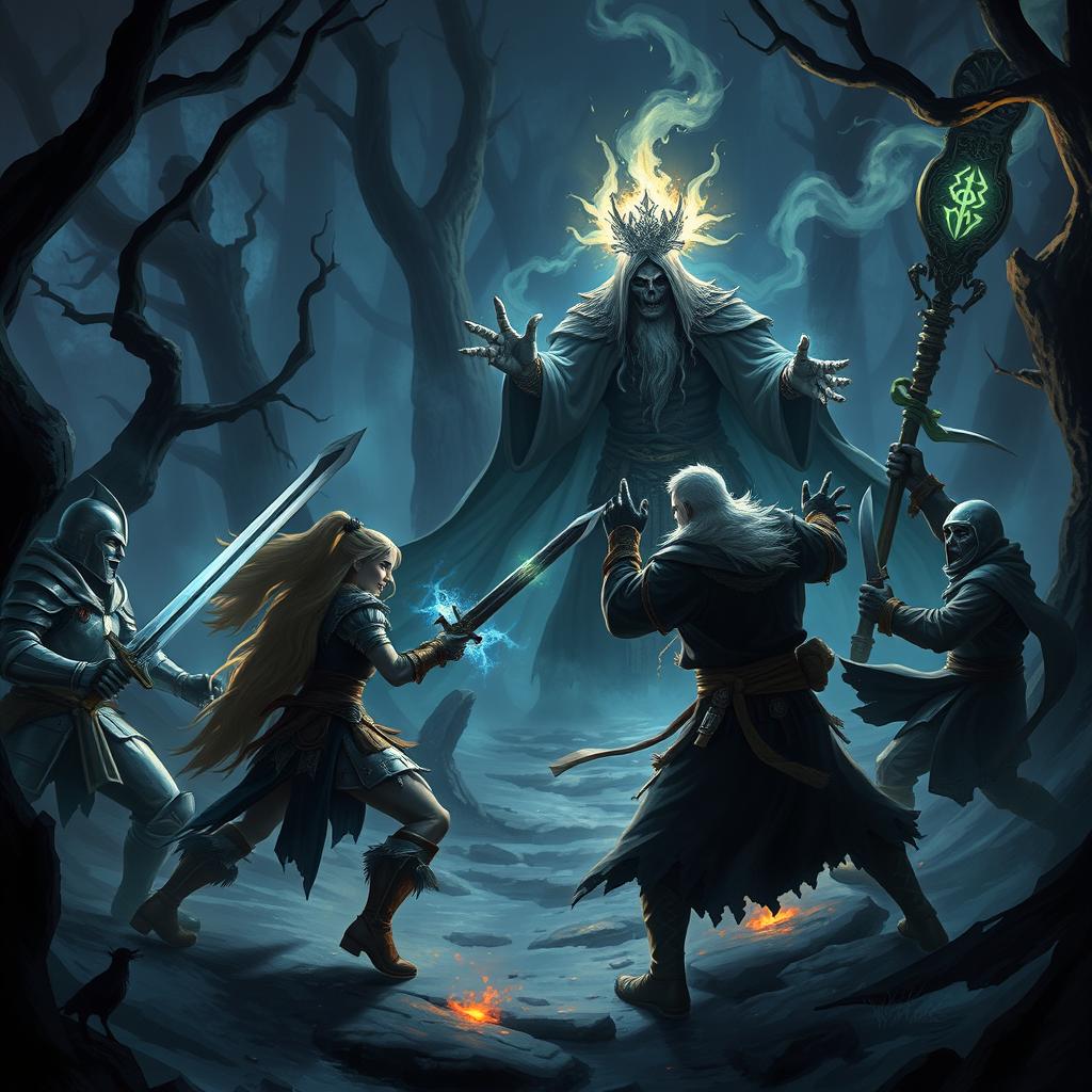 An epic battle scene between a party of adventurers and a Lich King in a dark, mystical forest