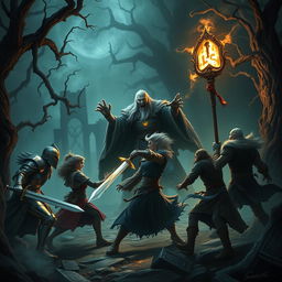 An epic battle scene between a party of adventurers and a Lich King in a dark, mystical forest