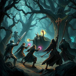 A fierce battle scene between a group of adventurers and a menacing Lich King in a dark, enchanted forest filled with towering, gnarled trees and ominous shadows