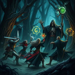 A fierce battle scene between a group of adventurers and a menacing Lich King in a dark, enchanted forest filled with towering, gnarled trees and ominous shadows