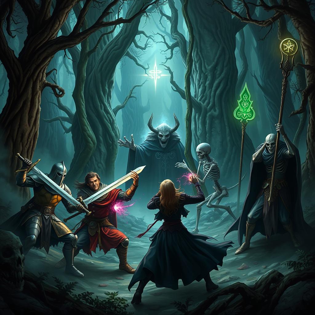 A fierce battle scene between a group of adventurers and a menacing Lich King in a dark, enchanted forest filled with towering, gnarled trees and ominous shadows