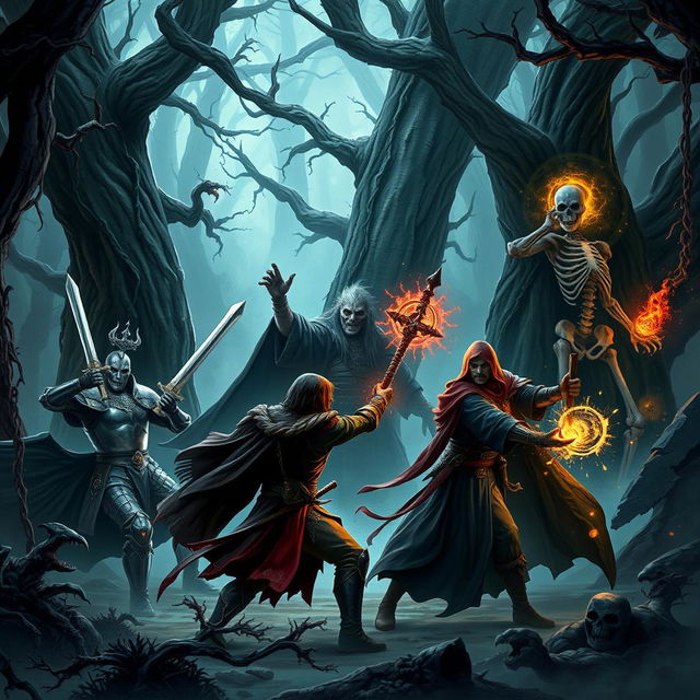 A fierce battle scene between a group of adventurers and a menacing Lich King in a dark, enchanted forest filled with towering, gnarled trees and ominous shadows