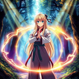 A beautiful anime girl with long blonde hair and striking blue eyes standing confidently within a glowing magical circle in a mystical forest