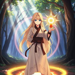 A beautiful anime girl with long blonde hair and striking blue eyes standing confidently within a glowing magical circle in a mystical forest