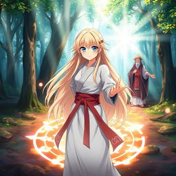 A beautiful anime girl with long blonde hair and striking blue eyes standing confidently within a glowing magical circle in a mystical forest