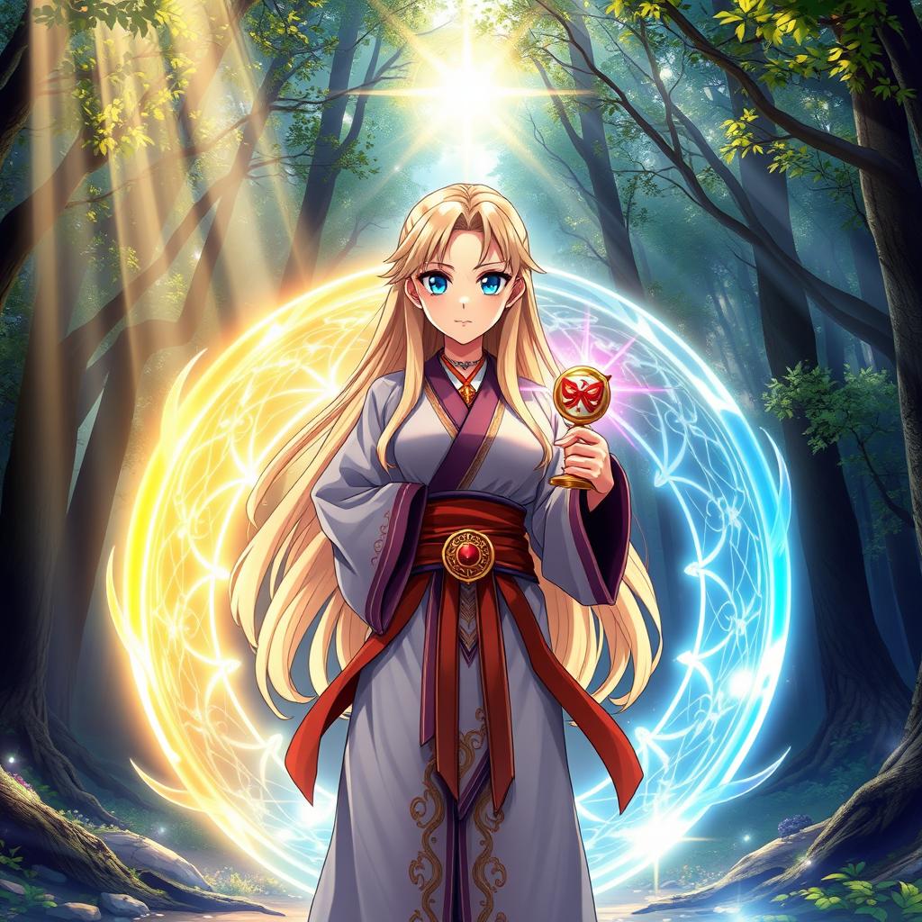 A beautiful anime girl with long blonde hair and striking blue eyes standing confidently within a glowing magical circle in a mystical forest