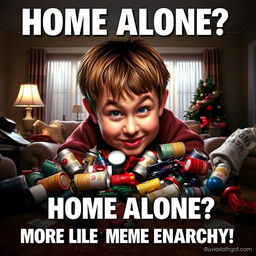 A satirical anti-poster for the movie 'Home Alone' featuring an oversized mischievous character resembling Kevin McCallister, surrounded by chaotic household objects like paint cans and toy cars