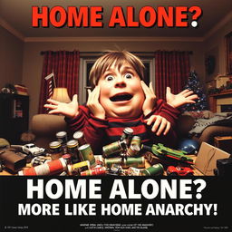 A satirical anti-poster for the movie 'Home Alone' featuring an oversized mischievous character resembling Kevin McCallister, surrounded by chaotic household objects like paint cans and toy cars