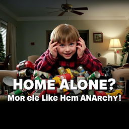 A satirical anti-poster for the movie 'Home Alone' featuring an oversized mischievous character resembling Kevin McCallister, surrounded by chaotic household objects like paint cans and toy cars