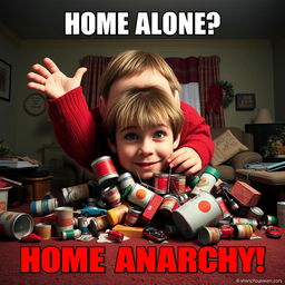 A satirical anti-poster for the movie 'Home Alone' featuring an oversized mischievous character resembling Kevin McCallister, surrounded by chaotic household objects like paint cans and toy cars