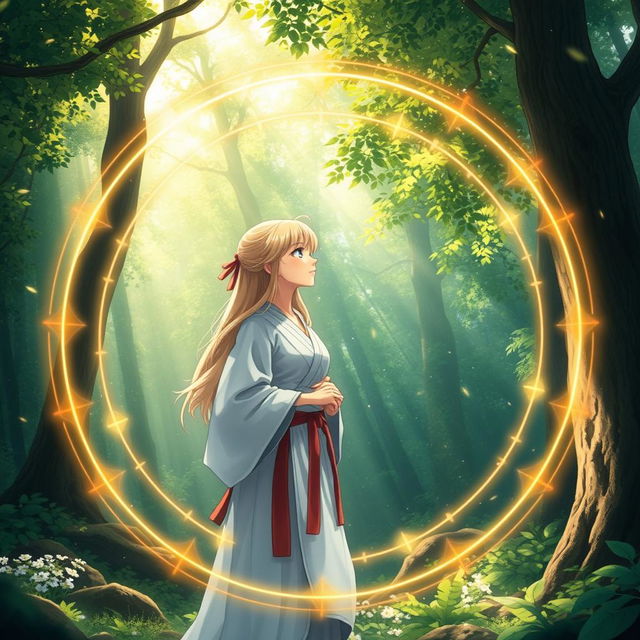 Anime woman with blonde hair and blue eyes, wearing traditional martial arts attire, standing in a magical circle