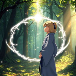 Anime woman with blonde hair and blue eyes, wearing traditional martial arts attire, standing in a magical circle