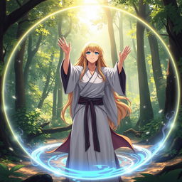 Anime woman with blonde hair and blue eyes, wearing traditional martial arts attire, standing in a magical circle