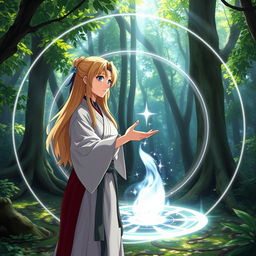 Anime woman with blonde hair and blue eyes, wearing traditional martial arts attire, standing in a magical circle