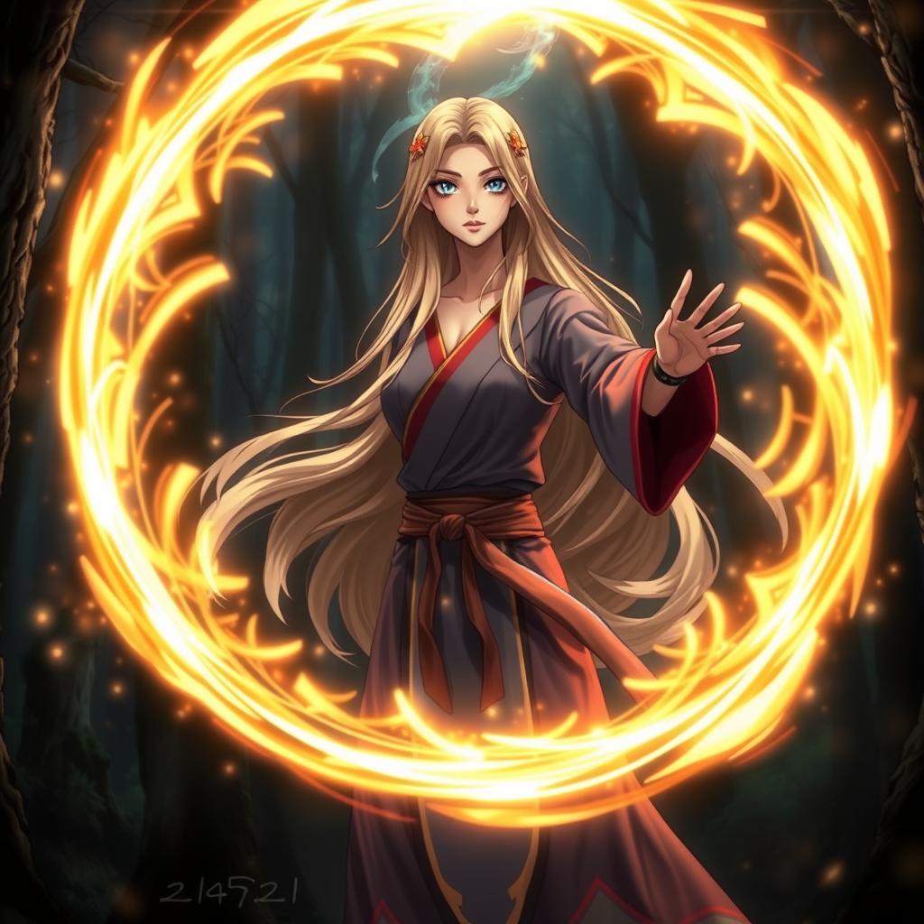 A female character with long blonde hair and striking blue eyes, dressed in traditional Silat martial arts attire, suddenly surrounded by a glowing magical circle and radiant light