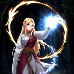 A female character with long blonde hair and striking blue eyes, dressed in traditional Silat martial arts attire, suddenly surrounded by a glowing magical circle and radiant light