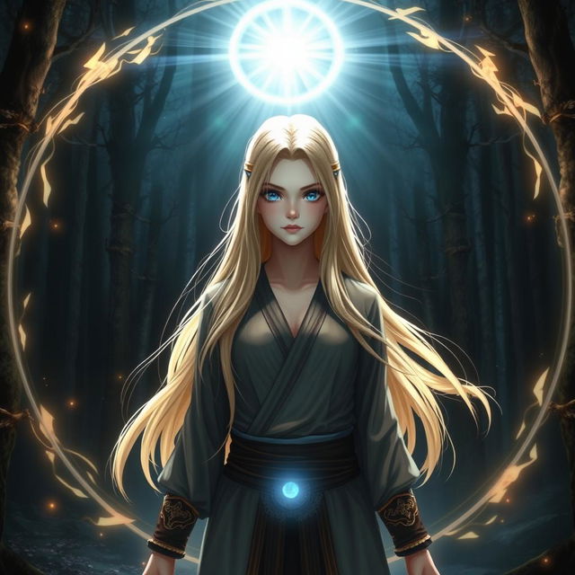 A female character with long blonde hair and striking blue eyes, dressed in traditional Silat martial arts attire, suddenly surrounded by a glowing magical circle and radiant light