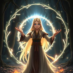 A female character with long blonde hair and striking blue eyes, dressed in traditional Silat martial arts attire, suddenly surrounded by a glowing magical circle and radiant light