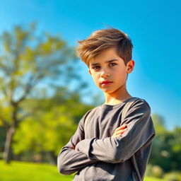 A confident young boy with an intense and focused expression, embodying the 'sigma male' archetype