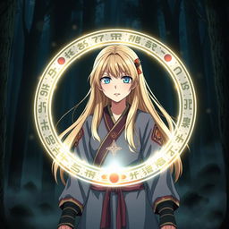 Anime girl with long blonde hair and bright blue eyes, wearing traditional Silat martial arts clothing