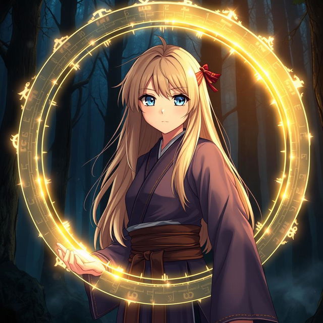 Anime girl with long blonde hair and bright blue eyes, wearing traditional Silat martial arts clothing