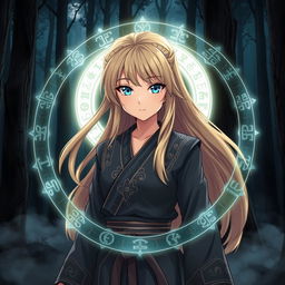 Anime girl with long blonde hair and bright blue eyes, wearing traditional Silat martial arts clothing