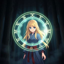 Anime girl with long blonde hair and bright blue eyes, wearing traditional Silat martial arts clothing