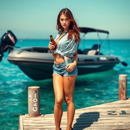 A stunning, alluring brunette young woman wearing a casually tied-up shirt, short denim shorts, and high heels