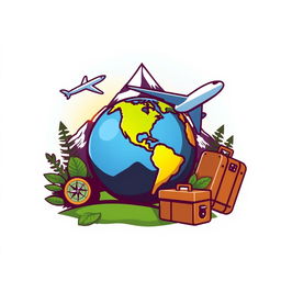 A vibrant and imaginative logo representing travel and adventure, featuring elements like a stylized globe, an airplane soaring around it, and a majestic mountain silhouette in the background