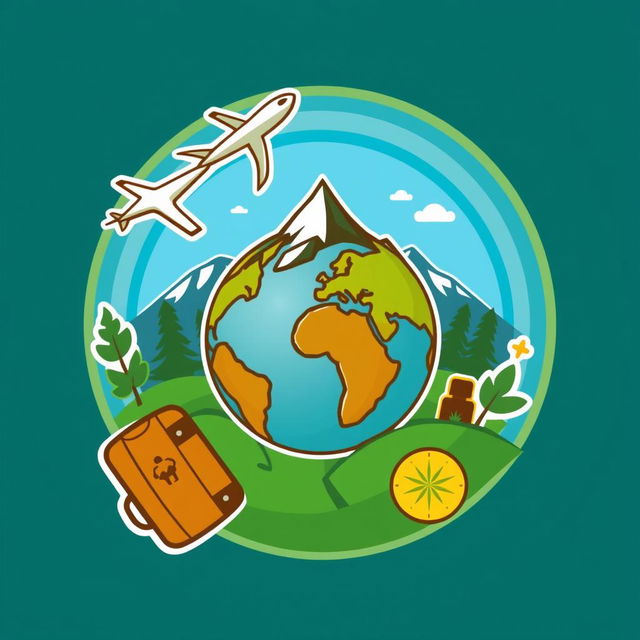 A vibrant and imaginative logo representing travel and adventure, featuring elements like a stylized globe, an airplane soaring around it, and a majestic mountain silhouette in the background