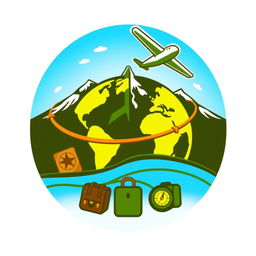 A vibrant and imaginative logo representing travel and adventure, featuring elements like a stylized globe, an airplane soaring around it, and a majestic mountain silhouette in the background