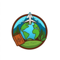 A vibrant and imaginative logo representing travel and adventure, featuring elements like a stylized globe, an airplane soaring around it, and a majestic mountain silhouette in the background
