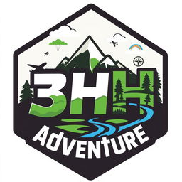 A dynamic and engaging logo for '3H Adventure', featuring the letters '3H' creatively integrated with adventure elements such as mountains, trees, and a river