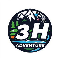 A dynamic and engaging logo for '3H Adventure', featuring the letters '3H' creatively integrated with adventure elements such as mountains, trees, and a river