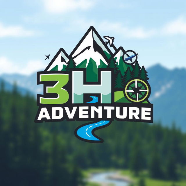 A dynamic and engaging logo for '3H Adventure', featuring the letters '3H' creatively integrated with adventure elements such as mountains, trees, and a river