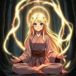 Anime girl with long blonde hair and bright blue eyes, dressed in traditional Silat martial arts clothing