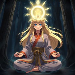 Anime girl with long blonde hair and bright blue eyes, dressed in traditional Silat martial arts clothing