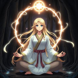 Anime girl with long blonde hair and bright blue eyes, dressed in traditional Silat martial arts clothing
