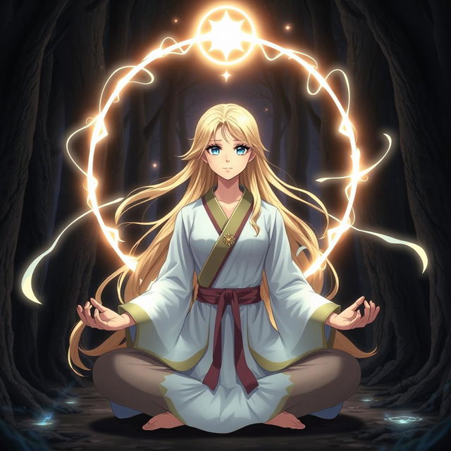 Anime girl with long blonde hair and bright blue eyes, dressed in traditional Silat martial arts clothing