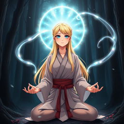 Anime girl with long blonde hair and bright blue eyes, dressed in traditional Silat martial arts clothing
