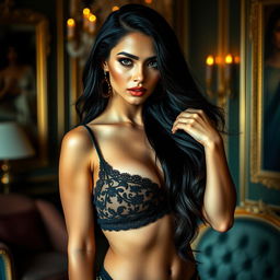 A captivating and artistic representation of a confident woman with Middle Eastern features, exuding charisma and allure