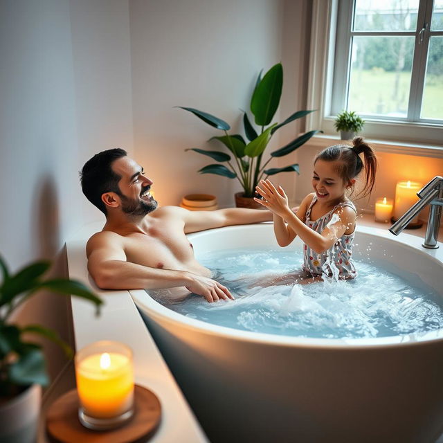A serene and peaceful bathroom scene featuring a father and his adolescent daughter enjoying a relaxing bath together