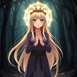An anime girl with long, flowing blonde hair and striking blue eyes, wearing traditional Silat martial arts attire