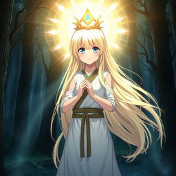 An anime girl with long, flowing blonde hair and striking blue eyes, wearing traditional Silat martial arts attire